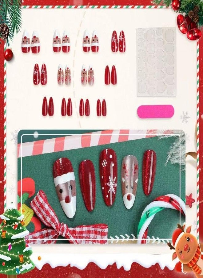 Sevgob 24Pcs Christmas Press on Nails Red Cat Eye Medium Almond Fake Nails with Santa Claus Design Elk Glue on Nail Snowflakes False Nail Press ons Reusable Christmas Nails for Women Girls Manicure - Image 3